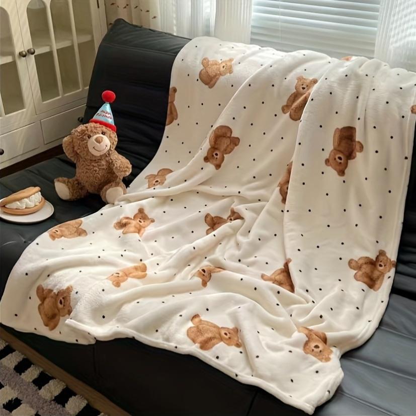 

Flannel Bear Blanket Cute Polka Dot Pattern Soft Cozy Throw For Couch Bed Sofa Decor Adorable Animal Design Warm Essential 30x40in