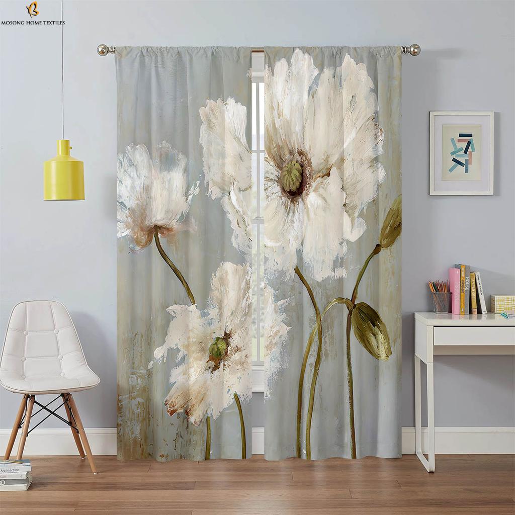2 Pieces Blackout Curtains Landscape Oil Painting 3D Printing Curtains High Quality Black Silk Vintage Decorative Curtains