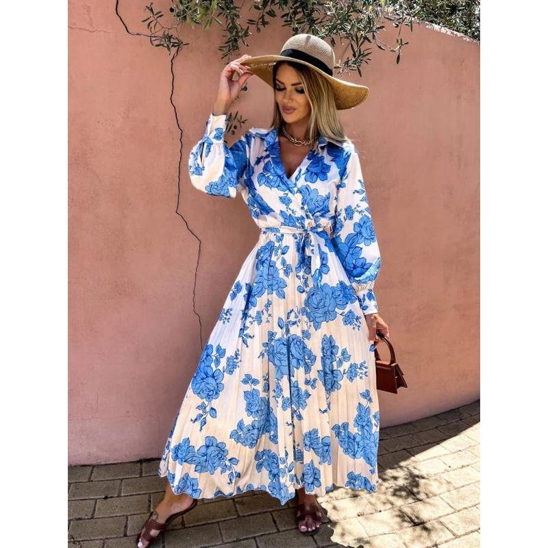 

Dress Spring and Autumn New European and American Style Big Flower V-neck Skirt Blue M