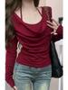 Korea Chic Riemen Plissiert Slim Tops Damen 2024 Sexy U-Boot-Ausschnitt Causal Uni Pullover Elegant Party Blusen Herbst Winter Neu