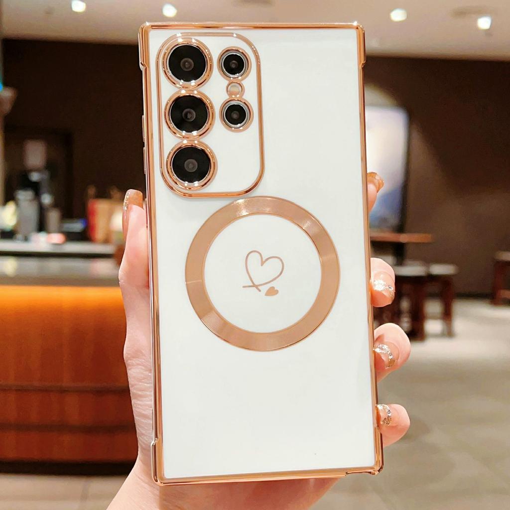 For Samsung Galaxy S26 Ultra Magnetic Case Electroplated TPU Phone Cover Hollow Love Hearts