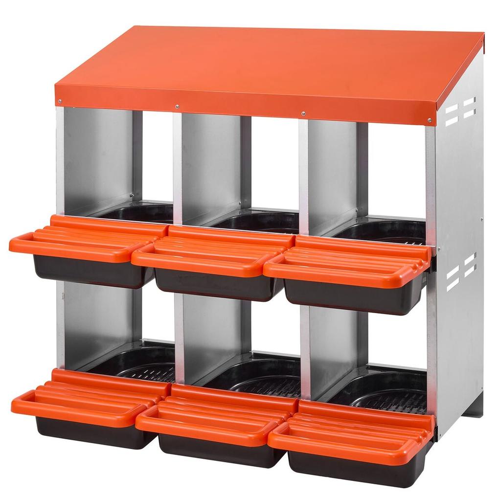 2 Tiers Chicken Nesting Boxes, 6 Compartments, Metal Egg Laying Boxes with Protective Collection Lids, Roll Out Nesting Box, Easy to Assemble, Ideal