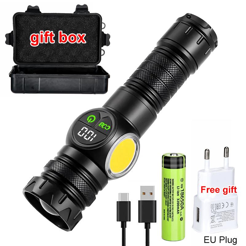 High Power White Laser LED Flashlight with Side Light USB Rechargeable Zoom Tactical Torch with Magnetic Camping Hunting Lantern