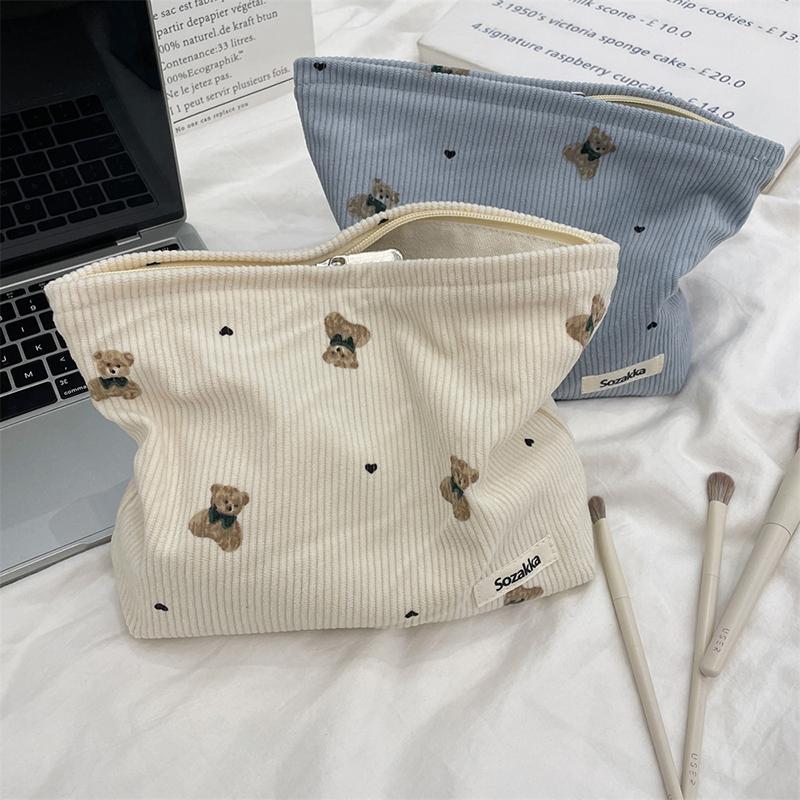 Portable Cartoon Bear Makeup Bag Corduroy Large Capacity Cosmetic Bag Pen Bags For Women Lady Girl