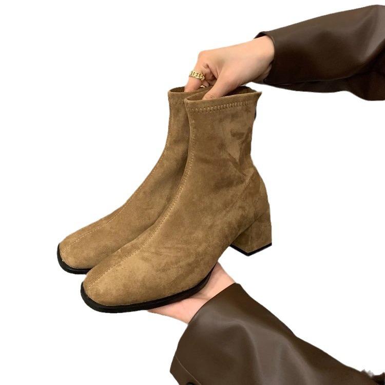 High-heeled Korean Small Ankle Boots Suede Martin Boots Women's Shoes 2025 New Autumn and Winter Velvet Square Head Thin Short Boots