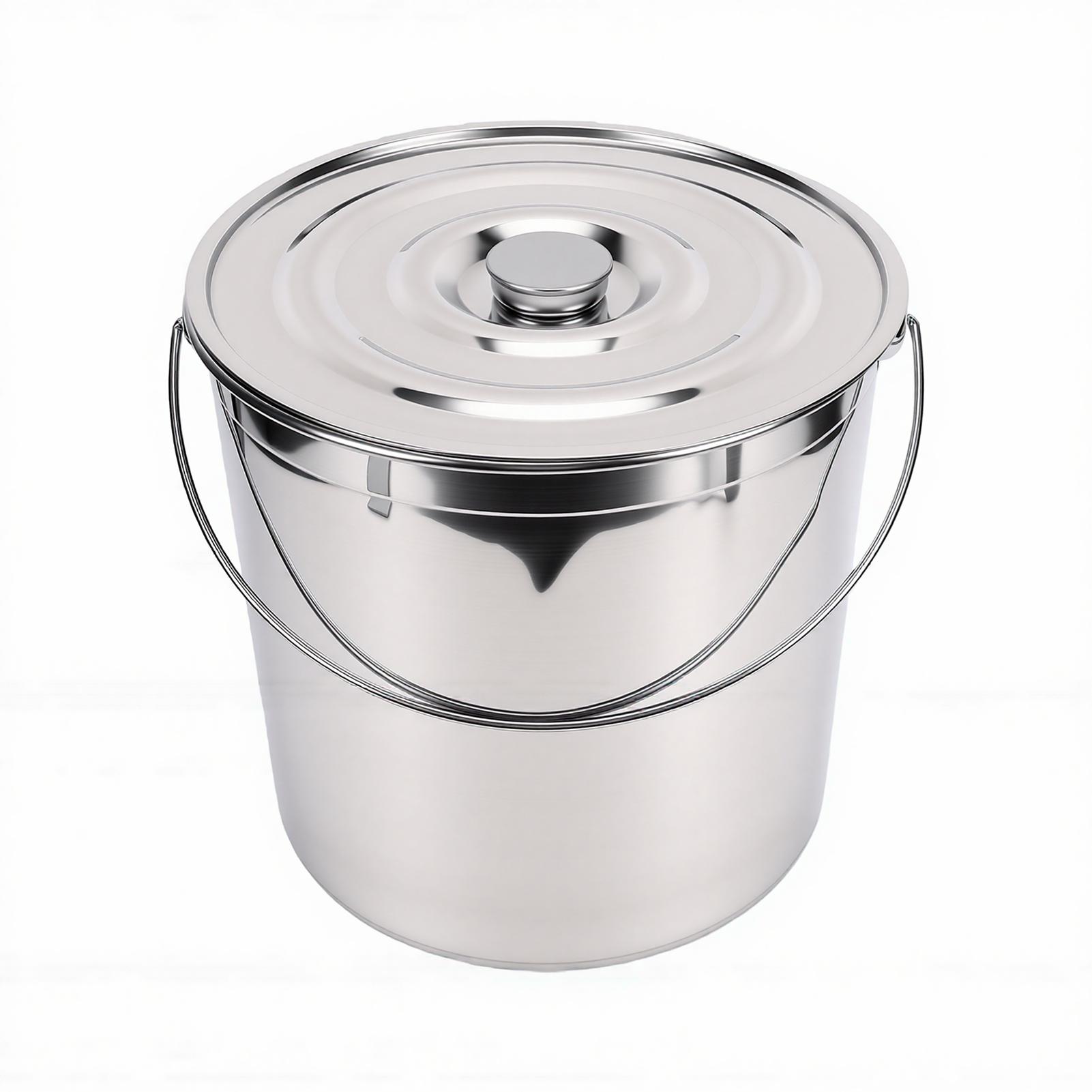 Stainless Steel Bucket Mirror Polished Metal Storage Pail with Handle and Lid for Commercial Kitchen Pet Food Cleaning