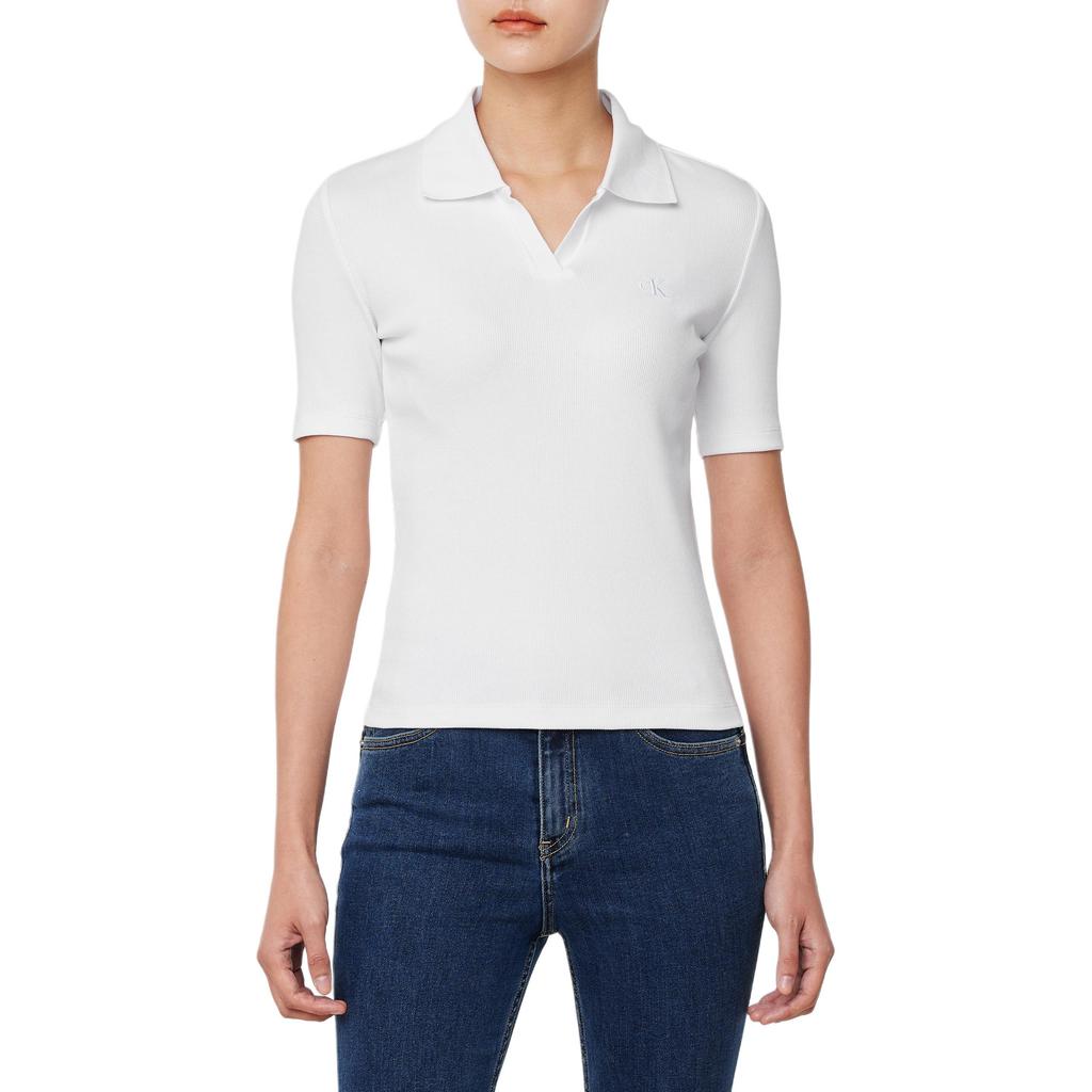 Calvin Klein Logo Embroidered Slim Fit Short Sleeve Polo Shirt Women tops White 47AB205-YAA