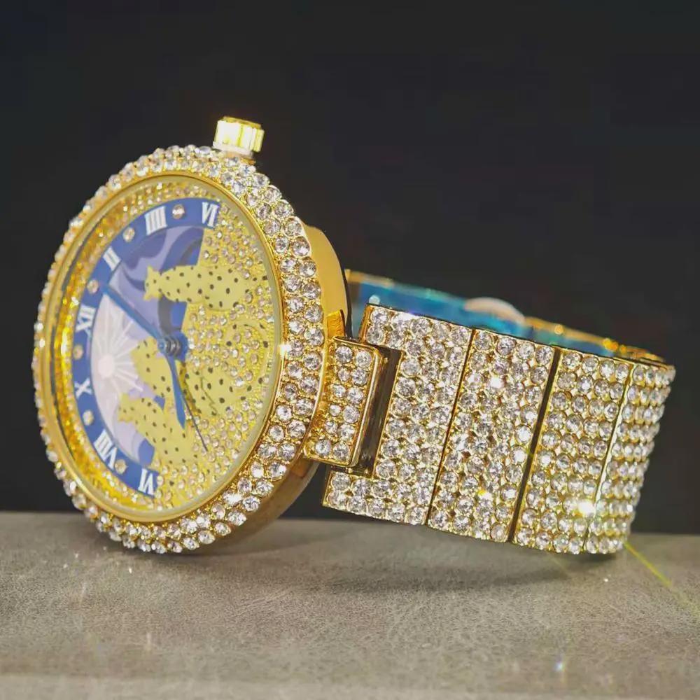 Golden Iced Brilliant Watches Men Luxury Steel Quartz Watch Fashion Leopard Hip Hop Diamond Wrist Watch Man Reloj Hombre