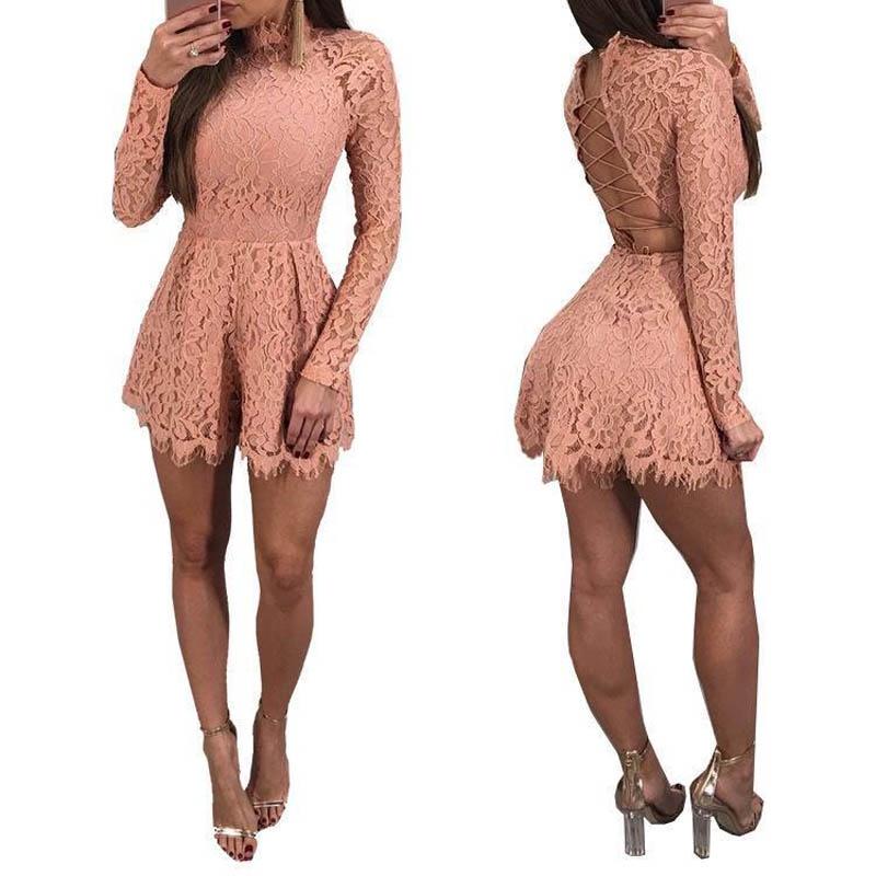 Elegant Womens Fashion Casual Romper Dress Lace Long Sleeve Sexy Short Jumpsuit