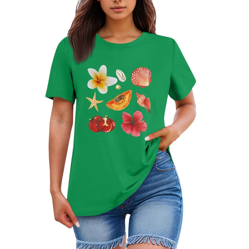 Ladies' Loose Comfortable Casual Fashionable  Fruit And Flower Pattern Printed Round Neck Short Sleeved Shirt