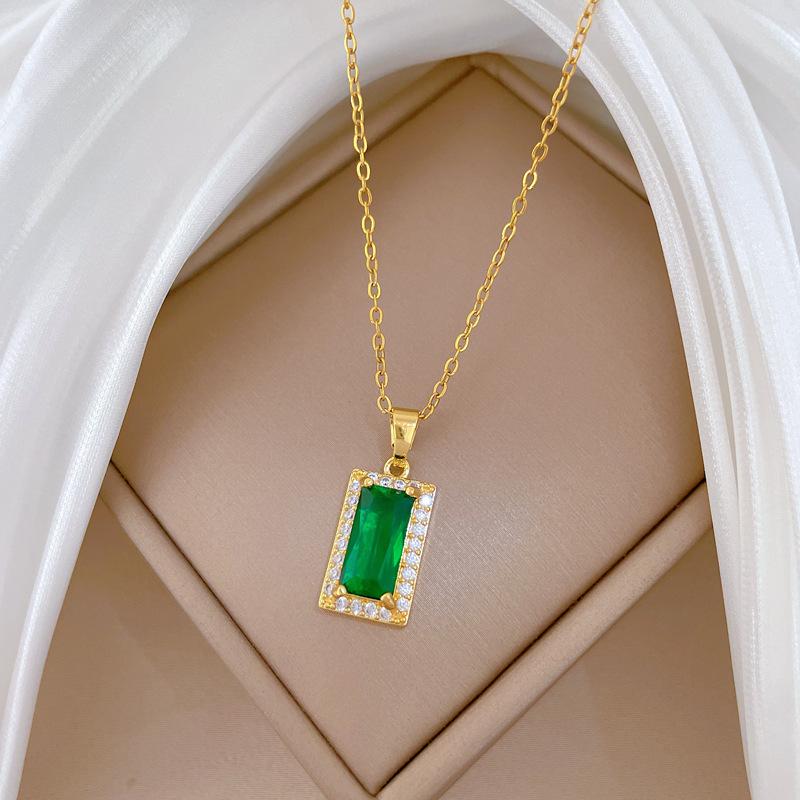 Titanium Steel, Green Small Square Light Luxury Temperament Gorgeous Full Diamond Necklace Women'S Versatile Collarbone Chain Titanium Steel Chain