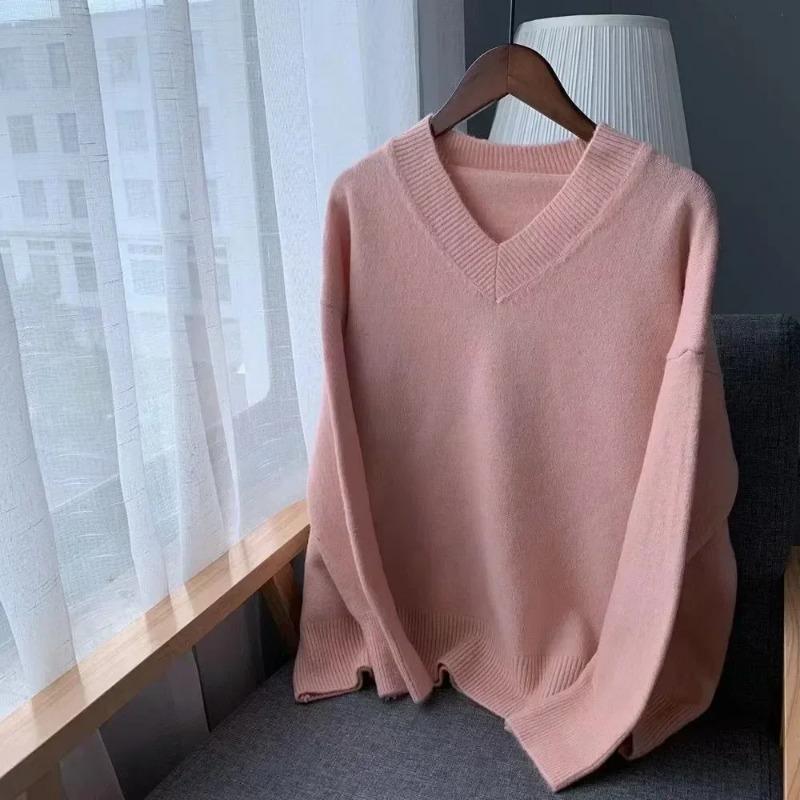 Autumn Vintage Fashion Long Sleeve Knitted Sweater Winter Bottoming Pullover Women Casual V-neck Tops Solid Color Clothes 29898