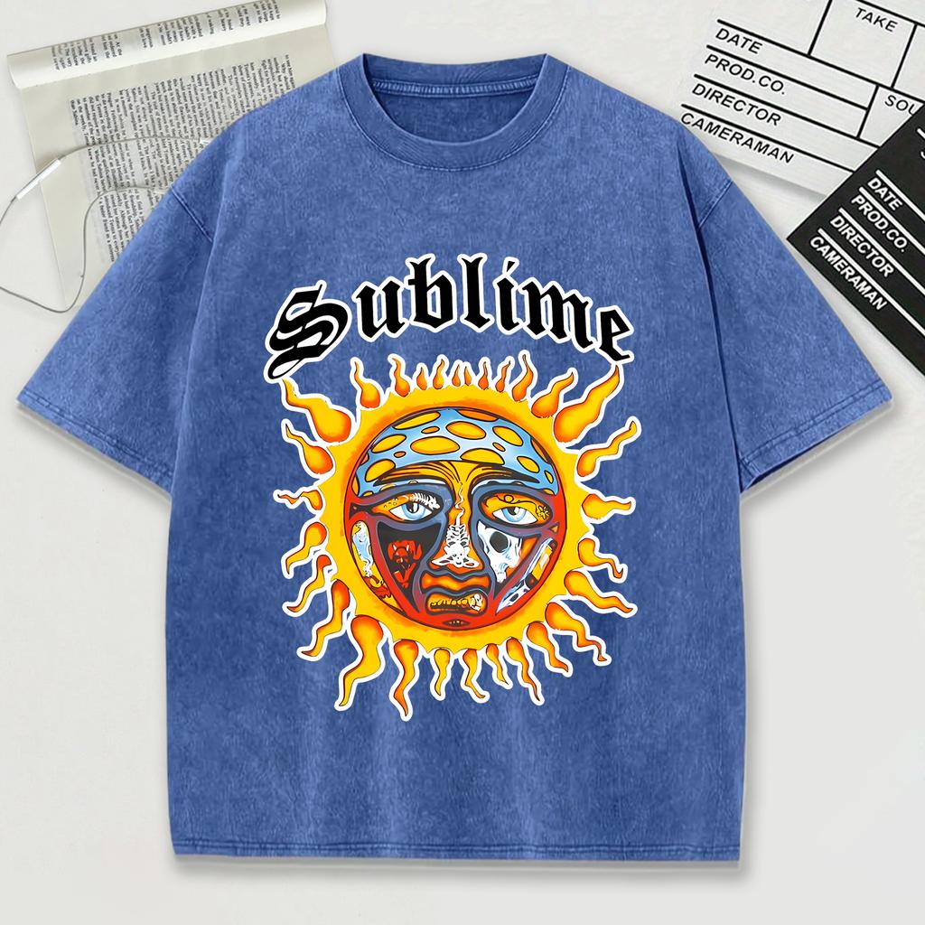 The Sun In Sublime Full Of Holes And Wounds Design Retro Herren T-Shirt Washed Cotton T-Shirt O-Ausschnitt Kurzarm Unisex Top