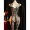 Sheer Floral Jacquard Fishnet Bodysuits - High Stretch, Open Chest, Women Sexy Lingerie Crotchless Bodystockings Babydoll Dress