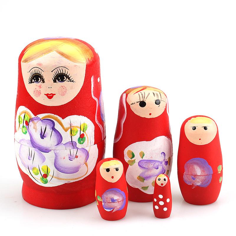 Popular Wooden Handicraft Russian Nesting Dolls: Set of 5 Cartoon-Style Handmade Dolls