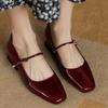 2025 spring red patent leather square head light mouth thick low heel French retro word with Mary Jane single shoes women