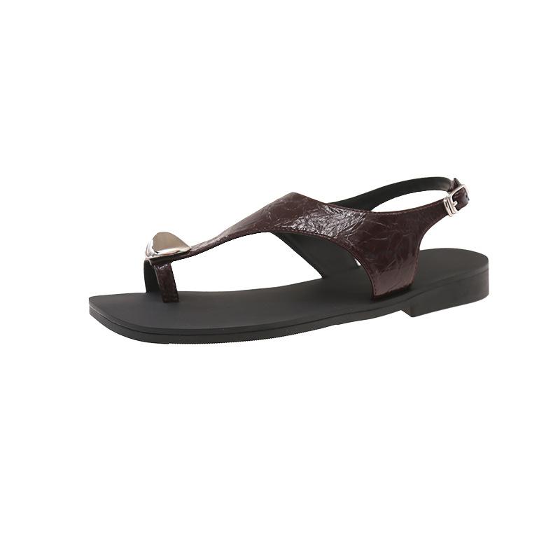 

Retro one-word buckle with flat-bottomed set of toe sandals for women s 2025 summer new soft leather toe Roman open-toed sandals 40 темно-рудий