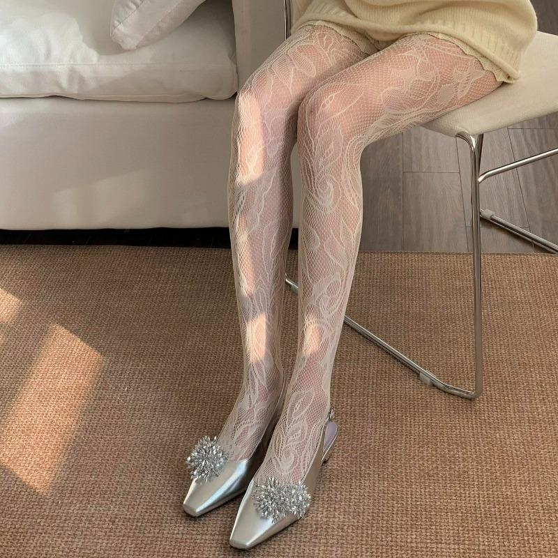 Retro Floral Sexy Lace Pantyhose Y2K Millennium Spicy Girl Personality Openwork Jacquard Mesh Stockings Lolita For Women