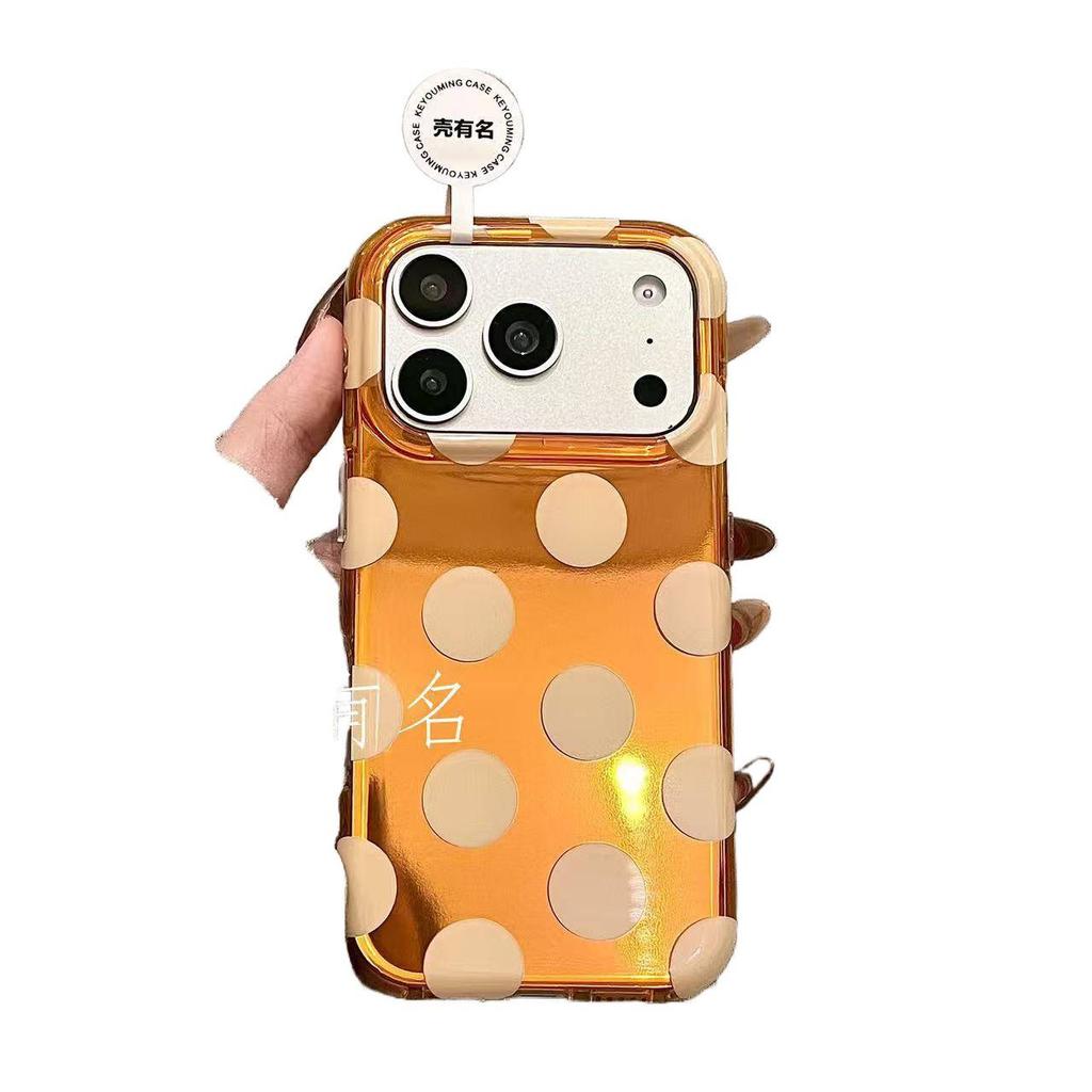 Korean Xingyu orange electroplated bottom full screen ins wind beige polka dot suitable for Apple 17 mobile phone case iPhone16/15