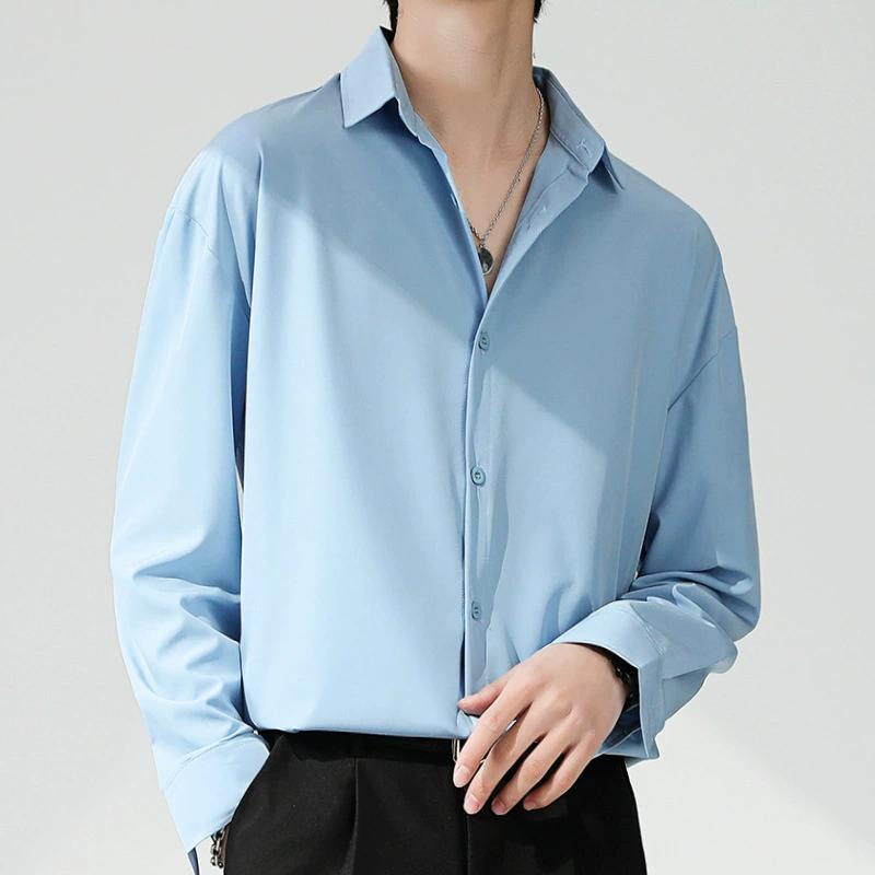 Men's Summer Solid Color Simple Ice Silk Long Sleeve Shirt Loose Draped Handsome Casual Tops