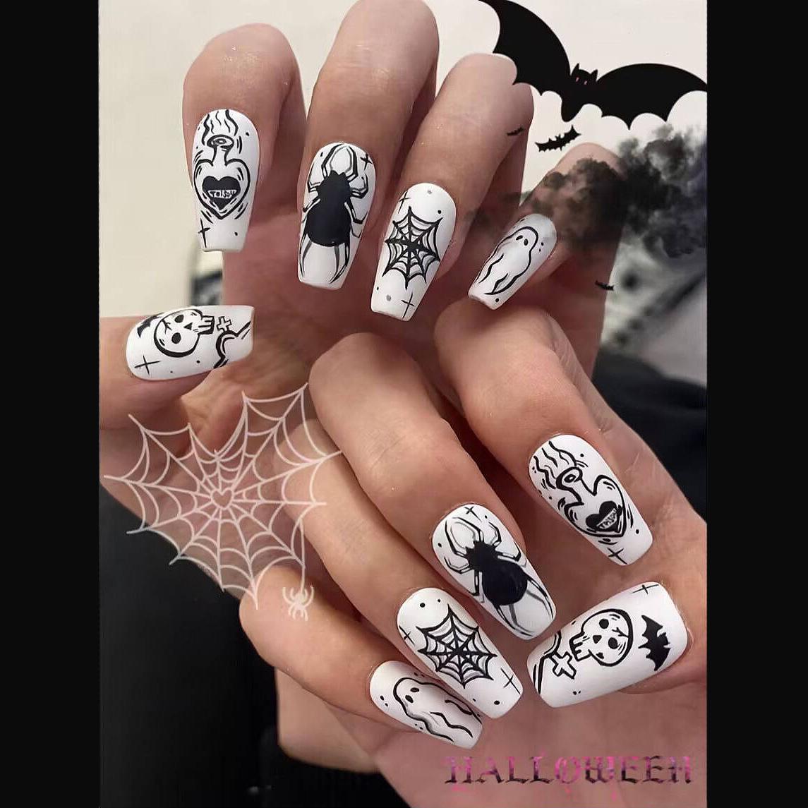 Gothic Skull Halloween Nail Art Stickers - 24 Wearable Nails Set Glue Type