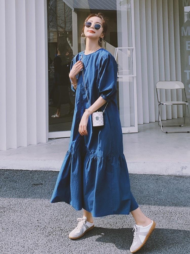 French Chic Temperament Loose and Thin Dress Women's Summer New Japanese Lazy Skirt Blue