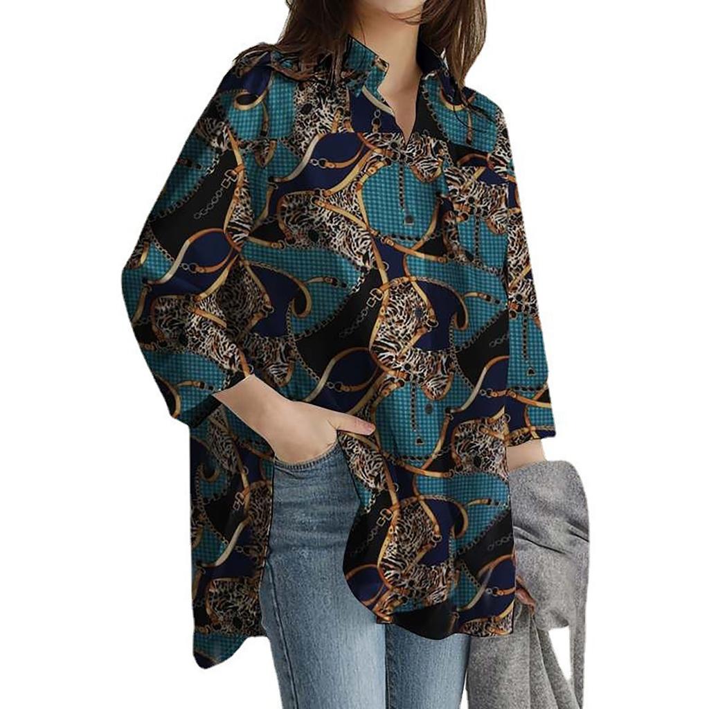 Damen Casual Fashion Print Einreihiges Revers Nähte Langarm Lose Hemd