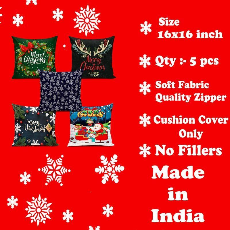 Soft Fabric Designer Decorative Printed Merry Christmas Theme Cushion Cover Xmas Decorations for Sofa Living Room Set of 5 16 X 16 Inch Multi