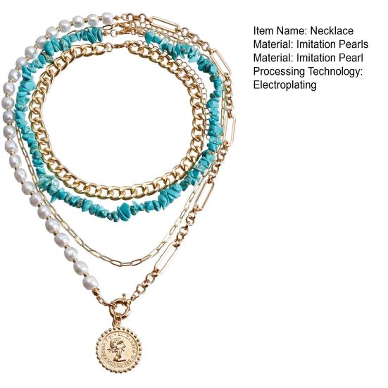 Boho Layered Turquoise Necklace Pearl Beaded Paperclip Metal Chain Necklace Circle Choker Necklace Jewelry for Women Girls