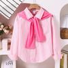 2025 Autumn Korean Style Girls' Casual Striped Long Sleeve Shirt with Detachable Shawl