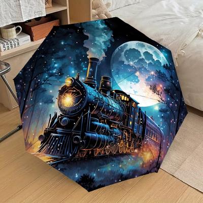 1PC Steam Locomotive Night Moonlight Pattern Small Travel Compact Windproof Umbrella, Automatic Folding Umbrella, Automatic Open/Close ,Gift