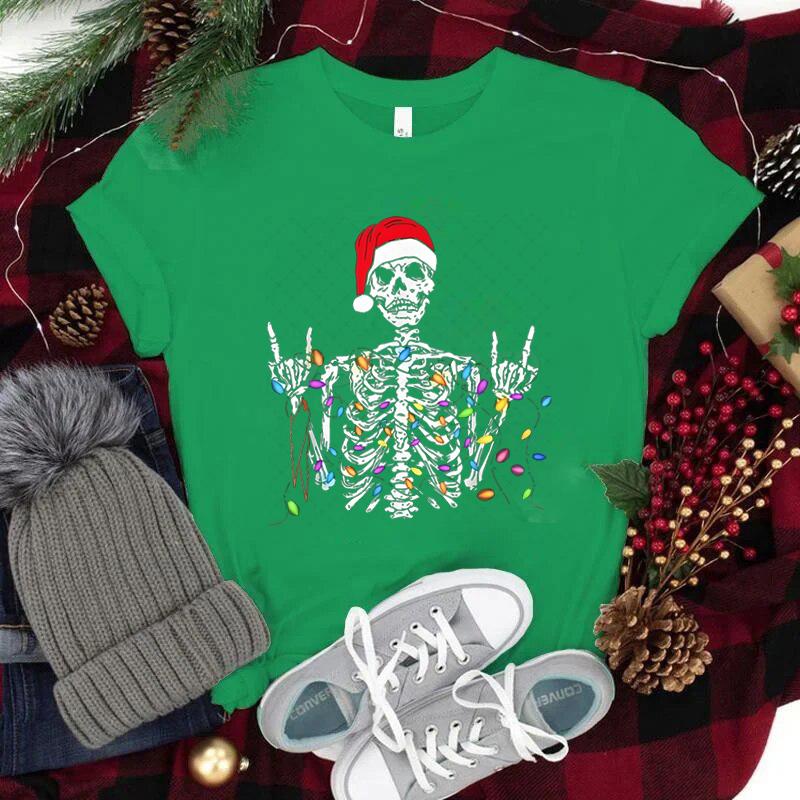 Christmas Skeleton Shirt Funny Lights Skull TShirts for Unisex Unisex Classic Street Style Tops Tees Xmas Santa Hat Skull Clothes