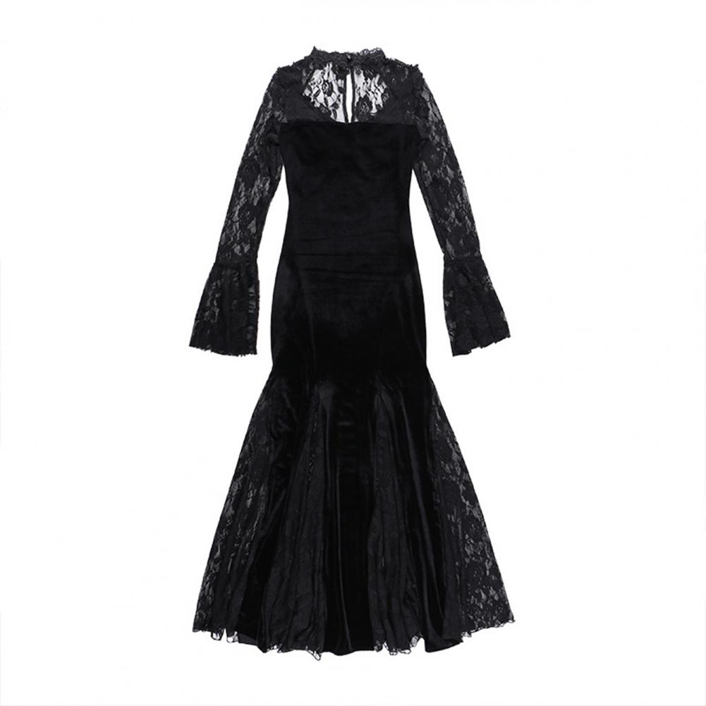 Women Cosplay Dress Dark Style Halloween Party Costume Lace Patchwork Flower Embroidery Fish Tail Hem Long Sleeves Tight Waist A