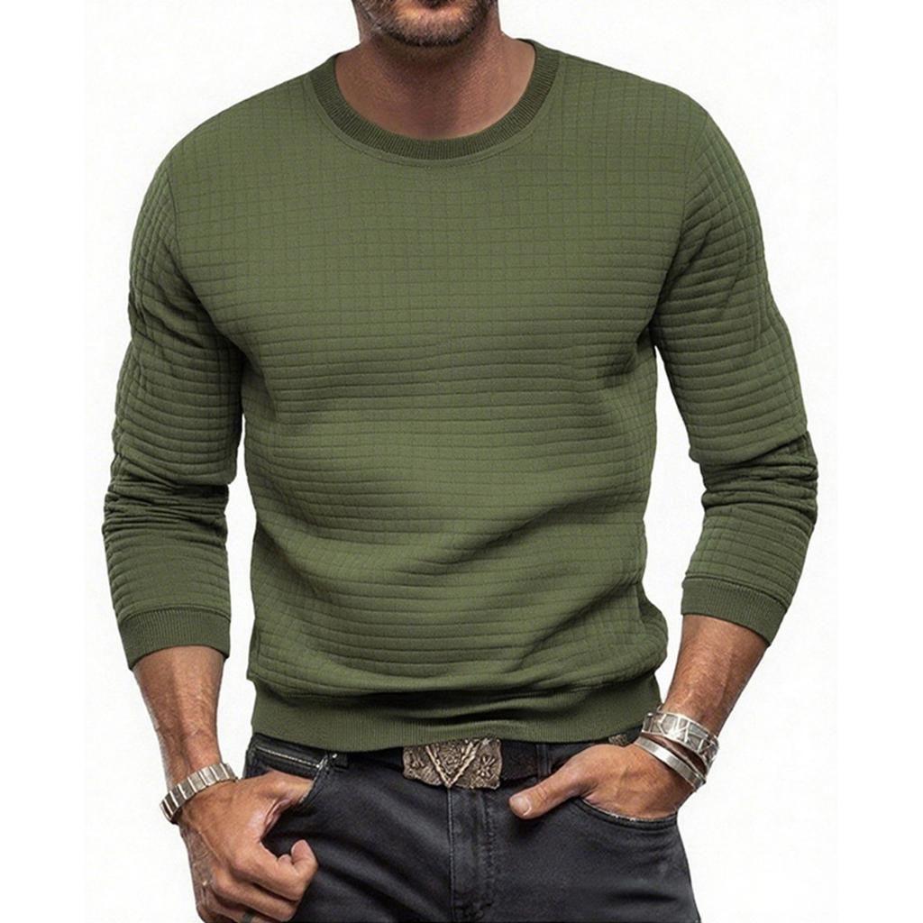 Men's Casual Long-Sleeved Checked Shirt, Slim-Fit Round-Neck Solid-Color Top