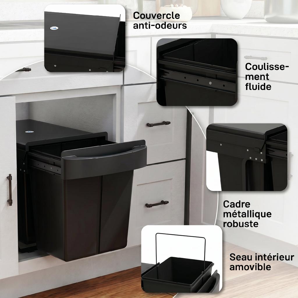 Sliding Under-Sink Waste Bin, 2 x 20 L, Removable Buckets, 52 x 33.5 x 41 cm, Black
