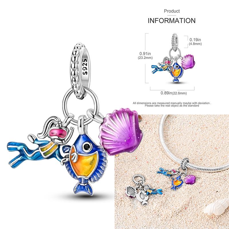 Copper Charms Clock Ocean Sea Turtle Mermaid Heart Shape Beads Fit Original Pan Pendant Bracelet Diy Woman Jewelry