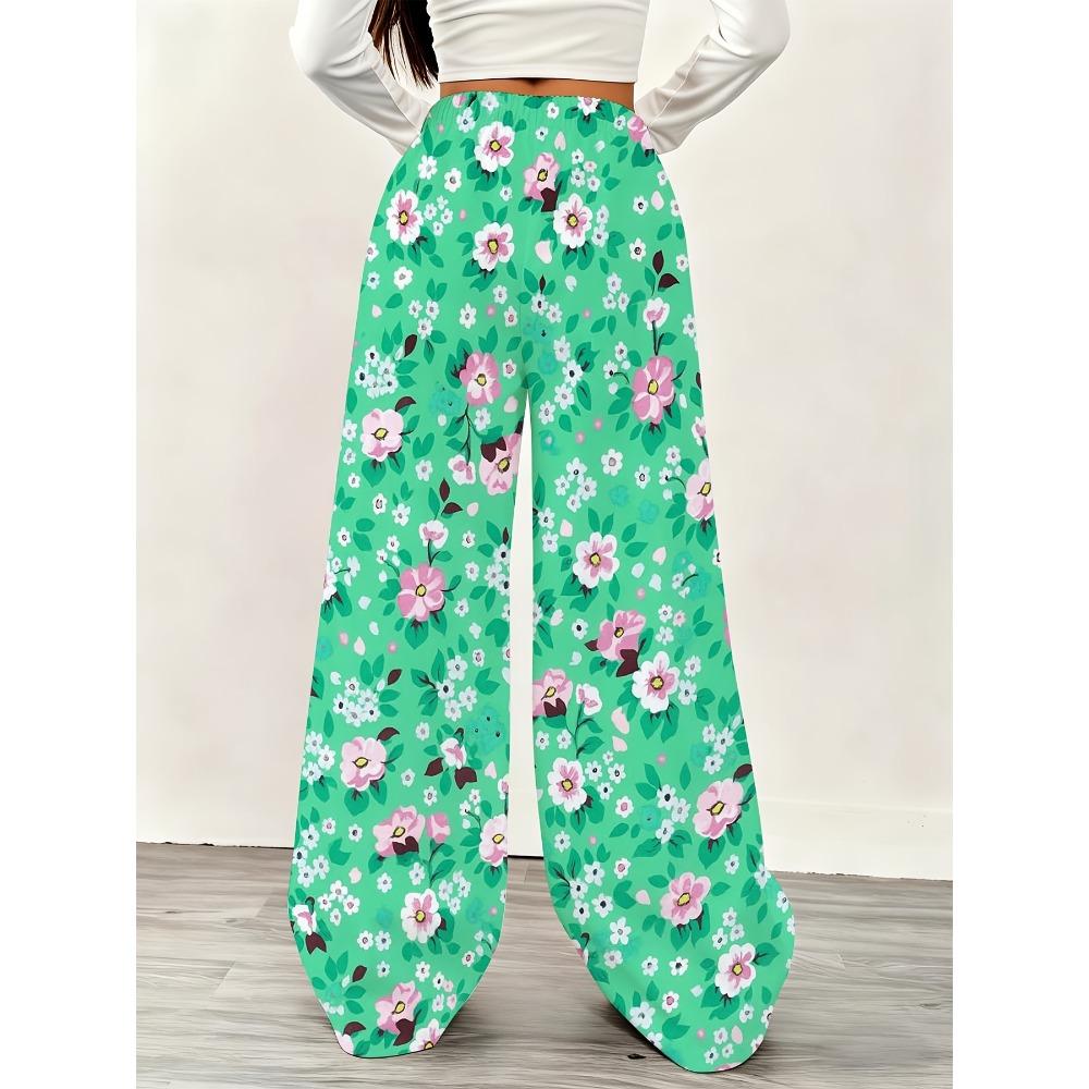 Ladies Green Floral Pink and White Printed Wide Leg Jogging Pants