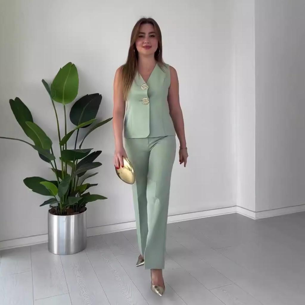 Summer European American Sleeveless Slim Fit Vest Temperament Commuter Pants Suit