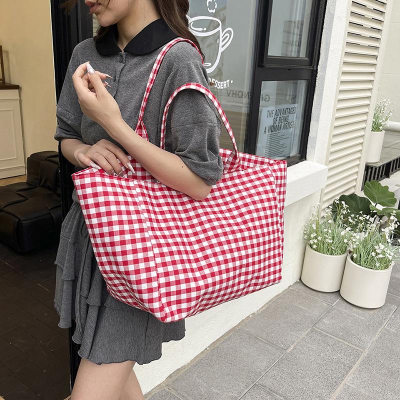 Summer Ins Fashion Literary and Lazy Style Shoulder Shopping Bags Are Popular This Year, Large-capacity Plaid Canvas Tote Bags.