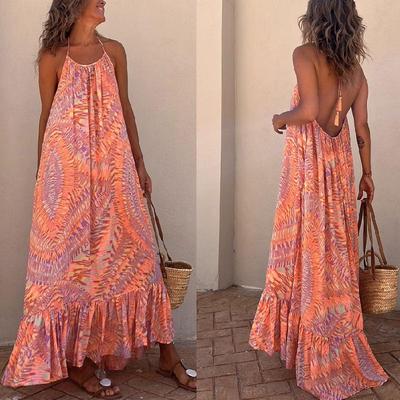 European & American Summer 2023 Women's Printed Spaghetti Strap Long Dress with Big Hem