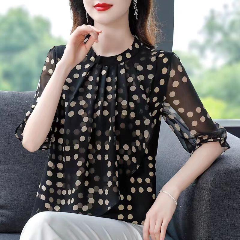 Polka Dot Short Sleeved Bottoming Shirt Women's Blouse Summer New Round Collar Chiffon Top M-4XL