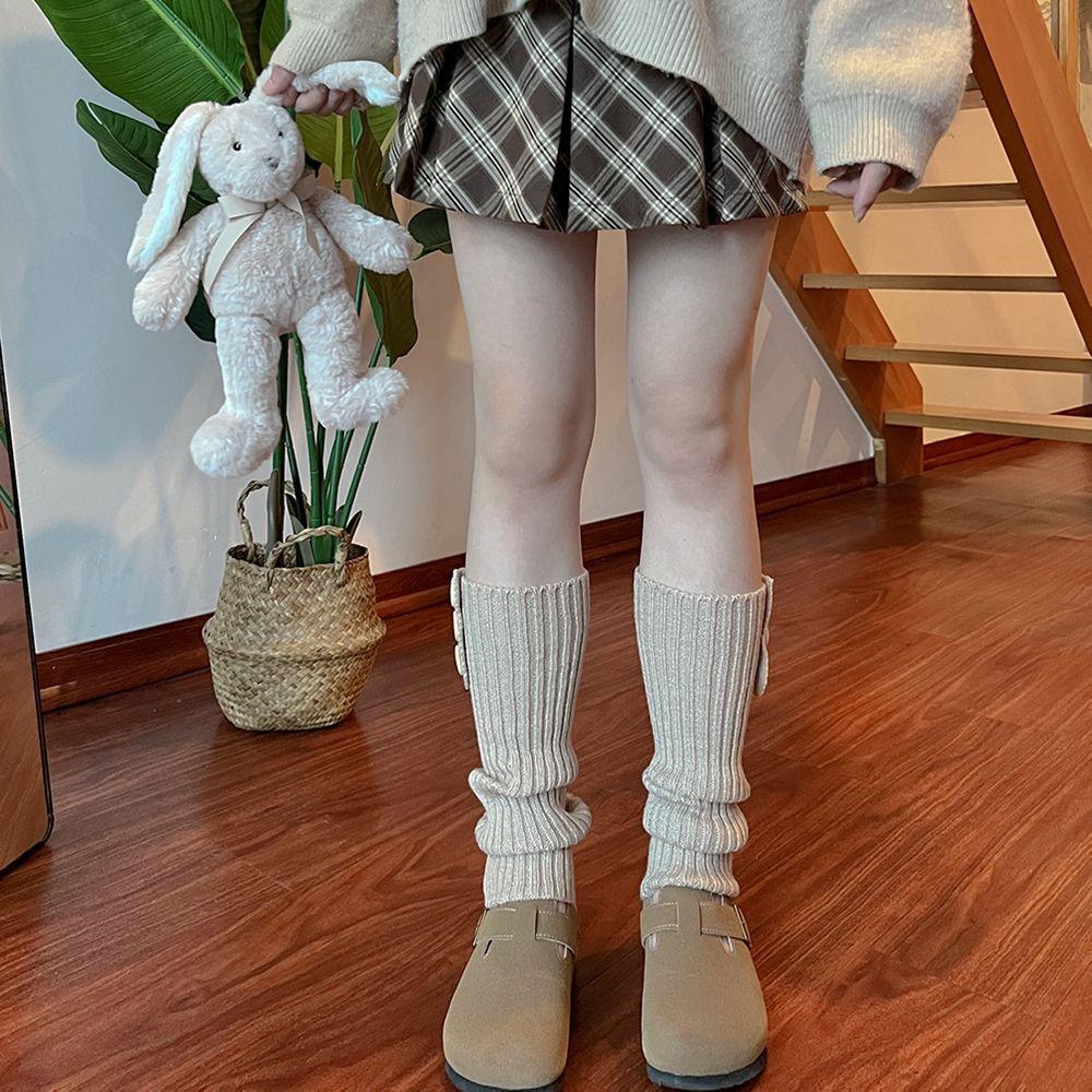 Style Buttons Stripe Lolita Wool Boots Women Leg Warmers Knitted Foot Cover Long Socks Cover