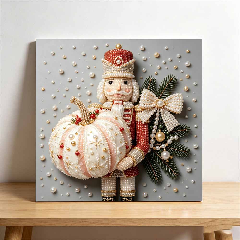 Framed Pearl Art DIY Kit with Nutcracker and Pumpkin Christmas Pattern 3D Sparkling Bead Canvas Painting Handmade Gift for Home Decoration