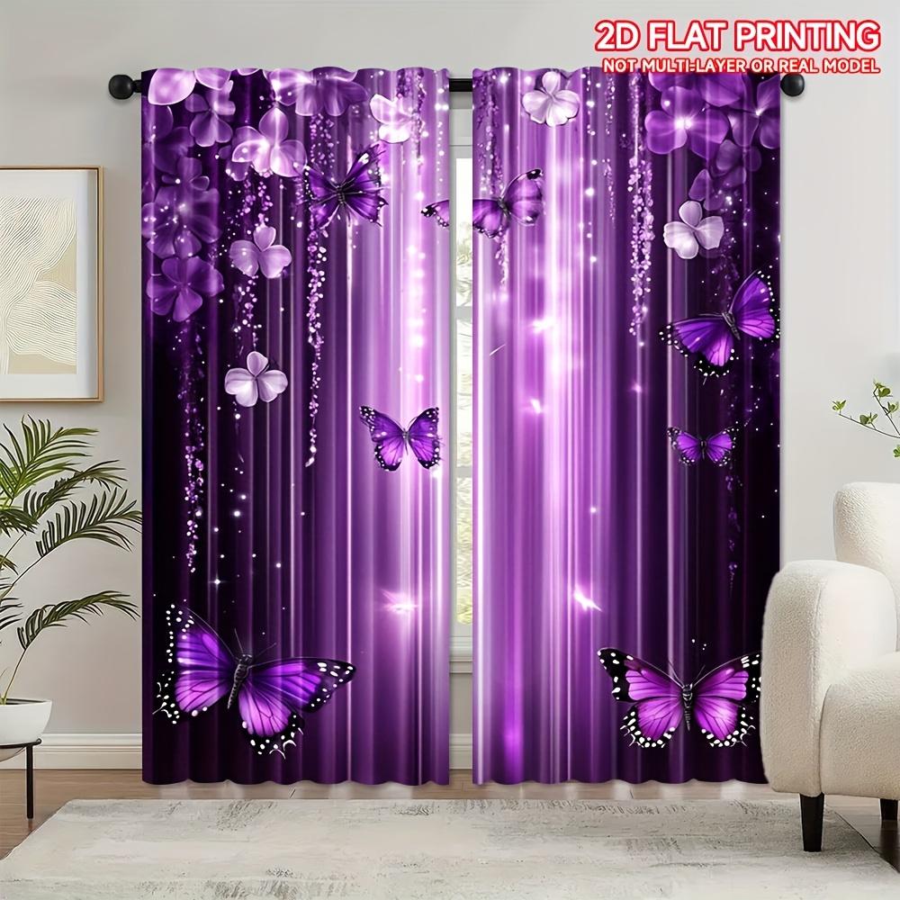 2pcs Purple Butterfly and Floral Print Curtains – Ideal for Artistic Decoration In Bedroom Living Room and Office