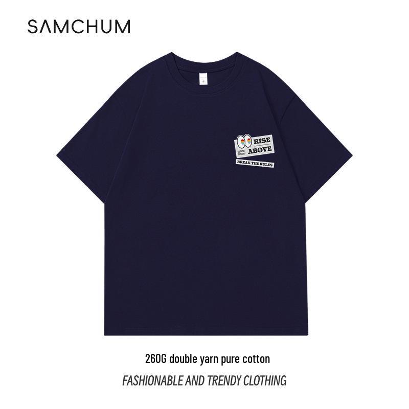 

25 Новых футболок из чистого хлопка двойной пряжи 260 г: Мальчики, Круглый вырез, Короткий рукав, Оригинальный дизайн, Американский уличный кэжуал M темно-синий