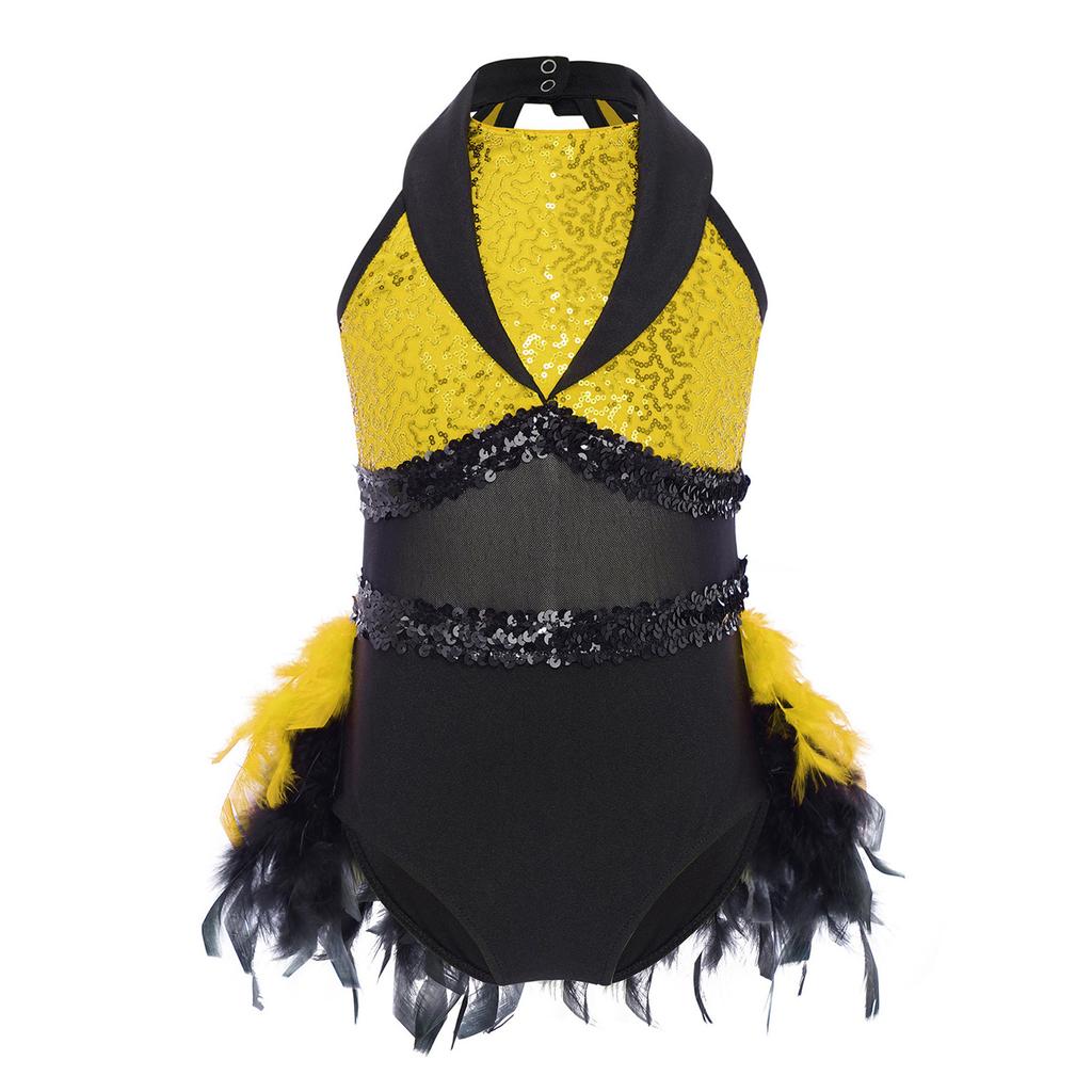 Girls Jazz Dance Dress Turn Down Collar Sleeveless Sheer Mesh Keyhole Back Shiny Sequins Color Block Feather Leotard