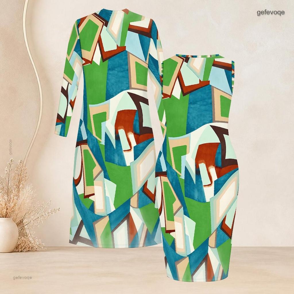 Women Plus Size Two Piece Set Long Sleeve Open Front Cardigan Round Neck Sleeveless Printed Bodycon Dress