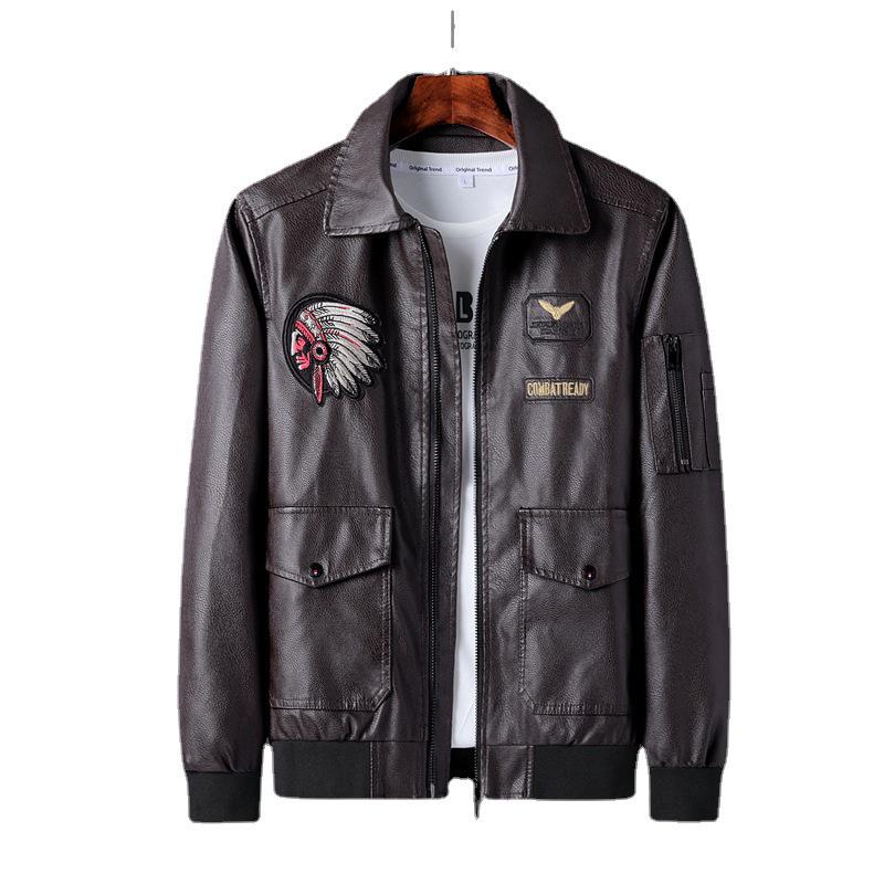 Men's Plus Size Embroidered Leather Baseball Jacket with Velvet, Trendy Spring & Autumn Outerwear.