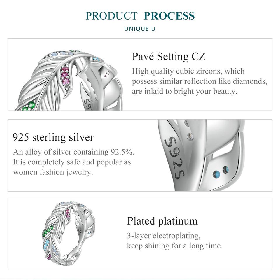 WOSTU 925 Sterling Silver Jemný barevný prsten se zirkonovým peřím pro ženy Dárek k narozeninám Elegantní jemné šperky