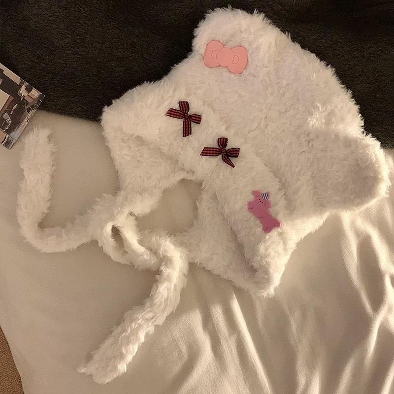 Niedliche Schleife Bär Katze Plüschmütze Damen Herbst und Winter Zeigt kleines Gesicht Warmer Ohrenschutz Großer Kopfumfang Hut